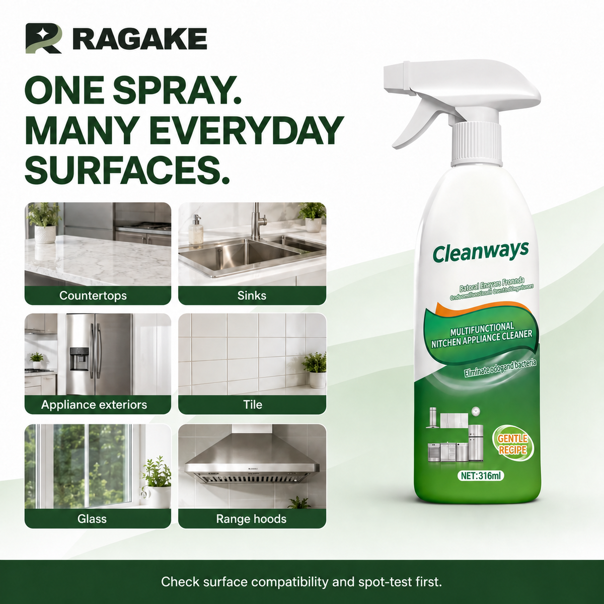 RAGAKE Kitchen & Bathroom Cleaner — Compatible household surfaces