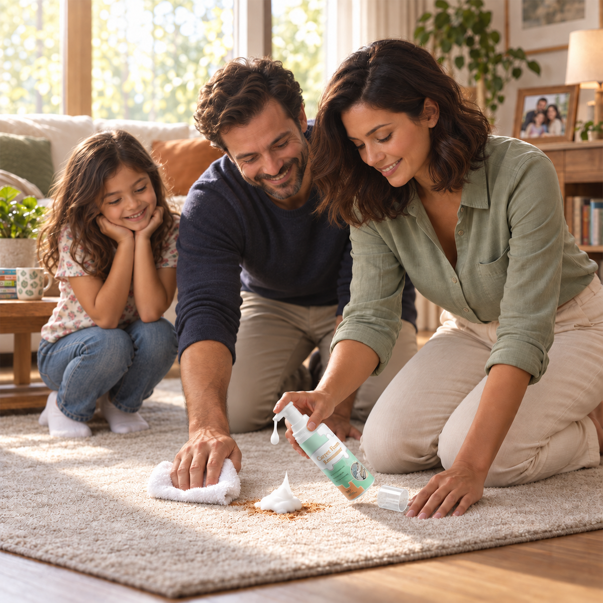 Parents cleaning together using an uncovered foam pump; protective cap removed and placed beside the bottle