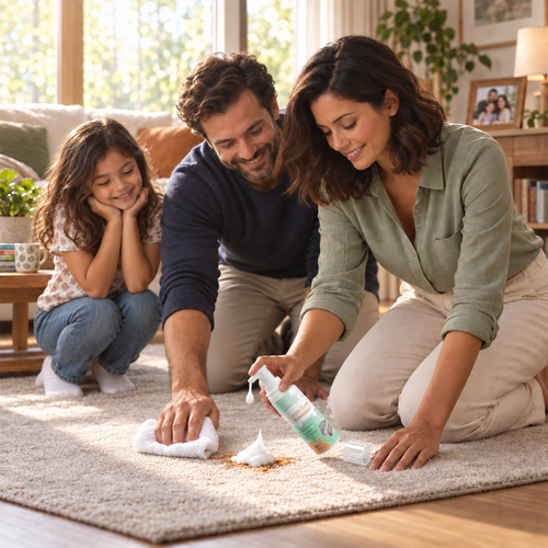 Parents cleaning together using an uncovered foam pump; protective cap removed and placed beside the bottle