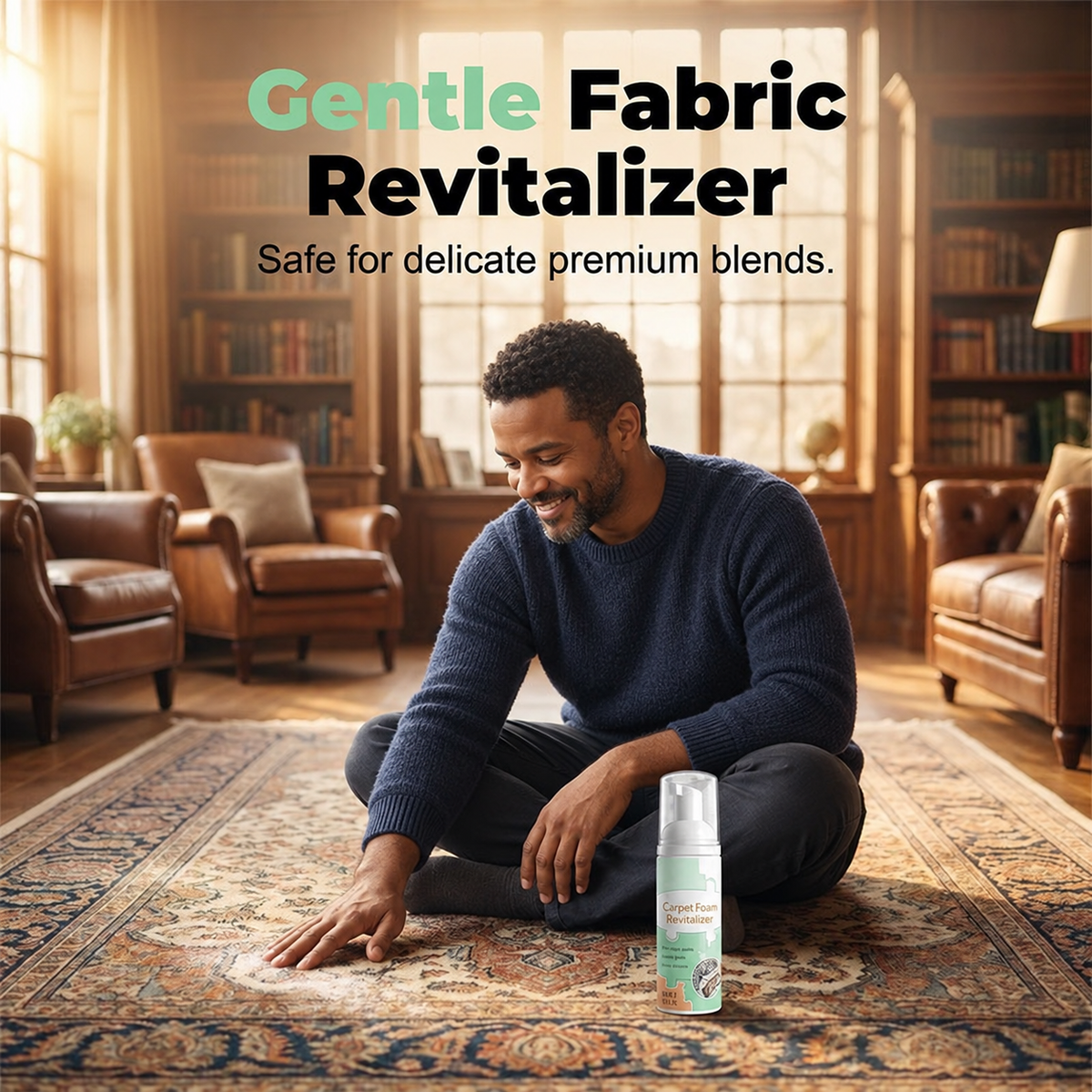 Rug care in a warm living room with a new male model