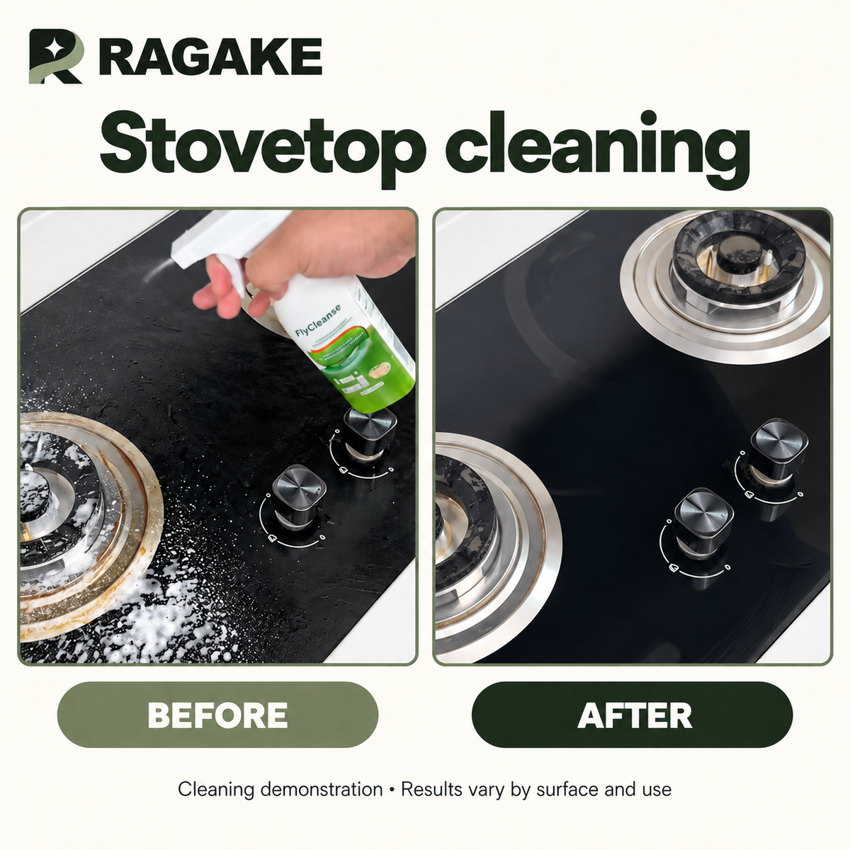 RAGAKE Kitchen & Bathroom Cleaner — Stovetop before and after cleaning demonstration