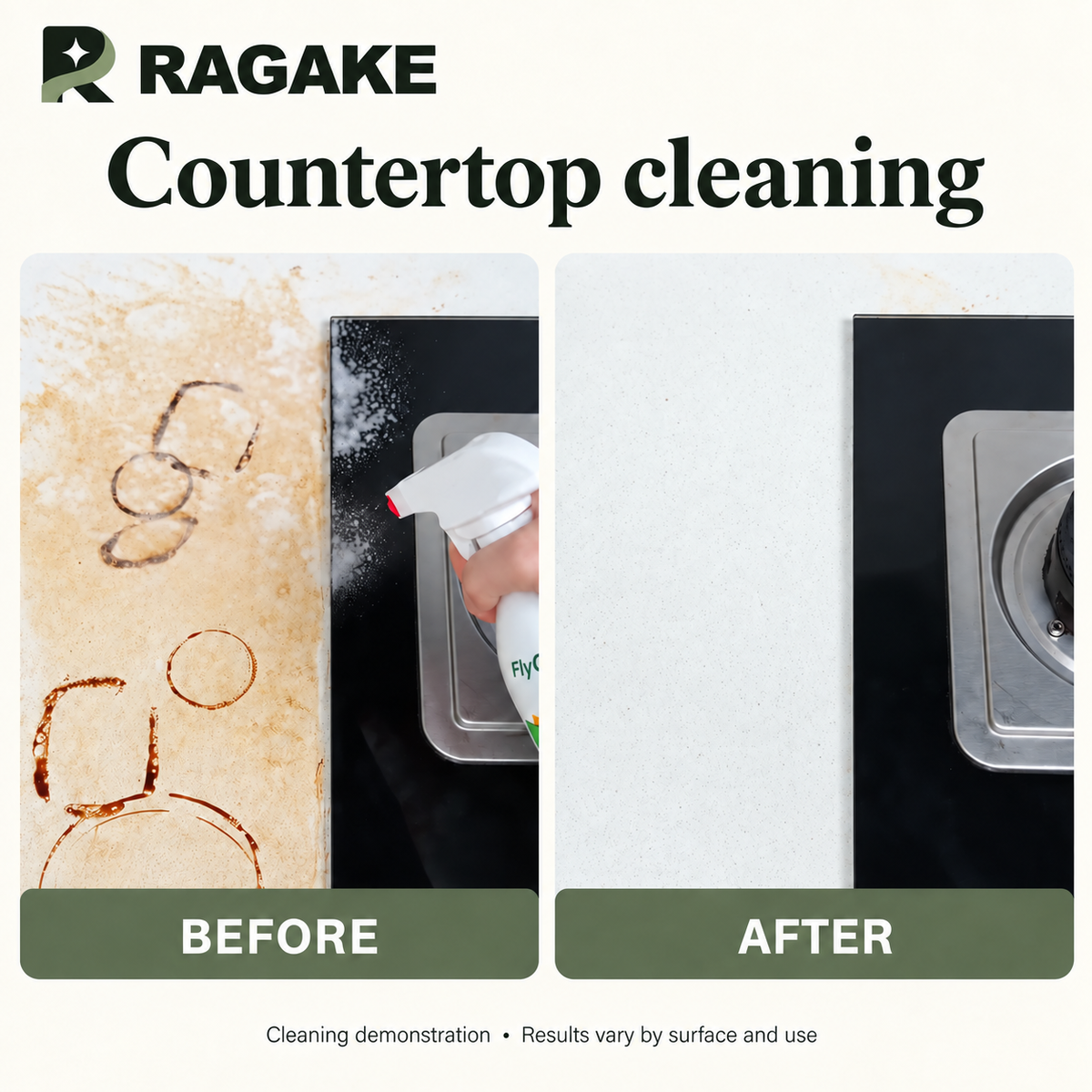 RAGAKE Kitchen & Bathroom Cleaner — Countertop before and after cleaning demonstration