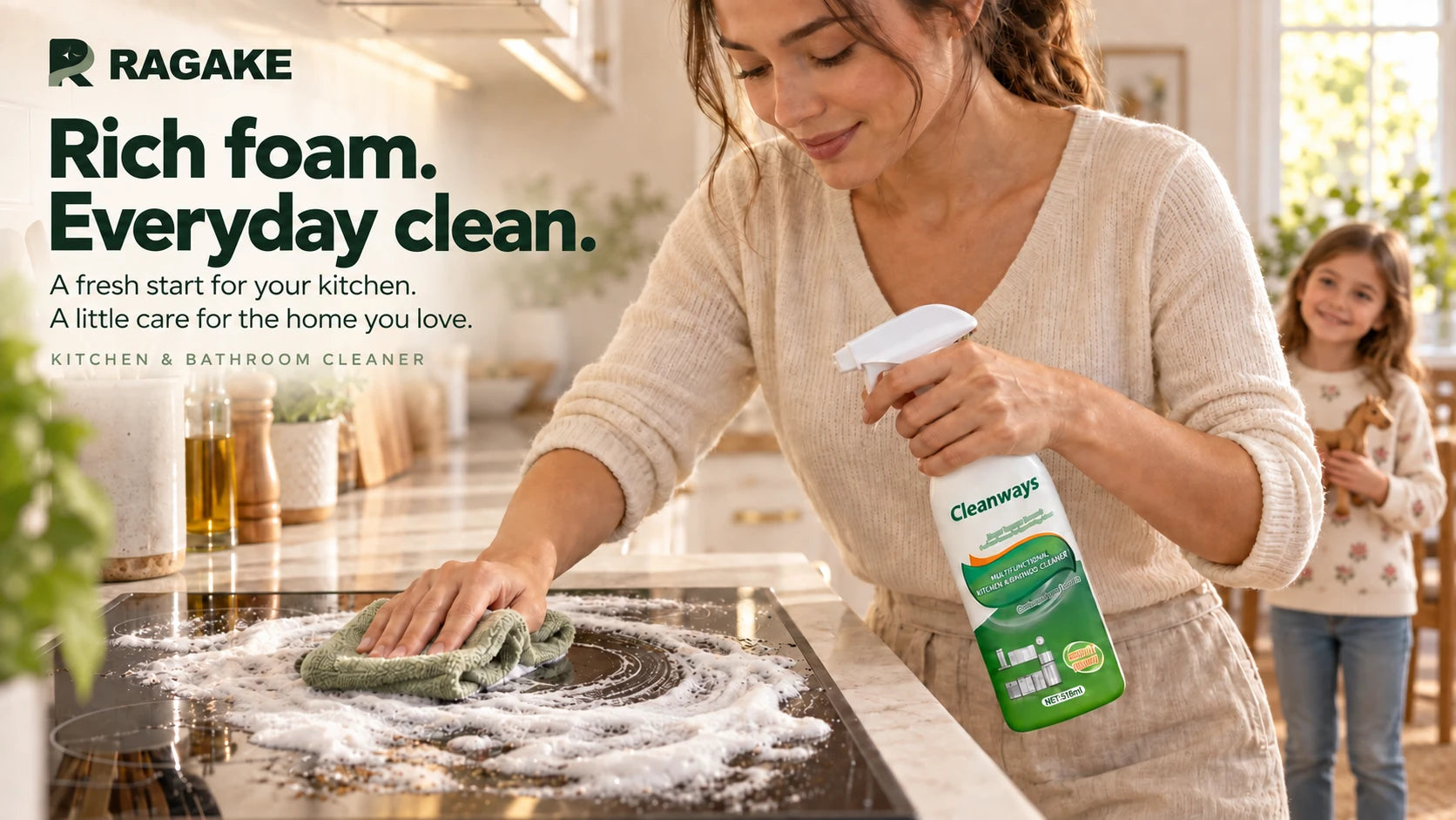 RAGAKE family kitchen cleaning scene with rich foam